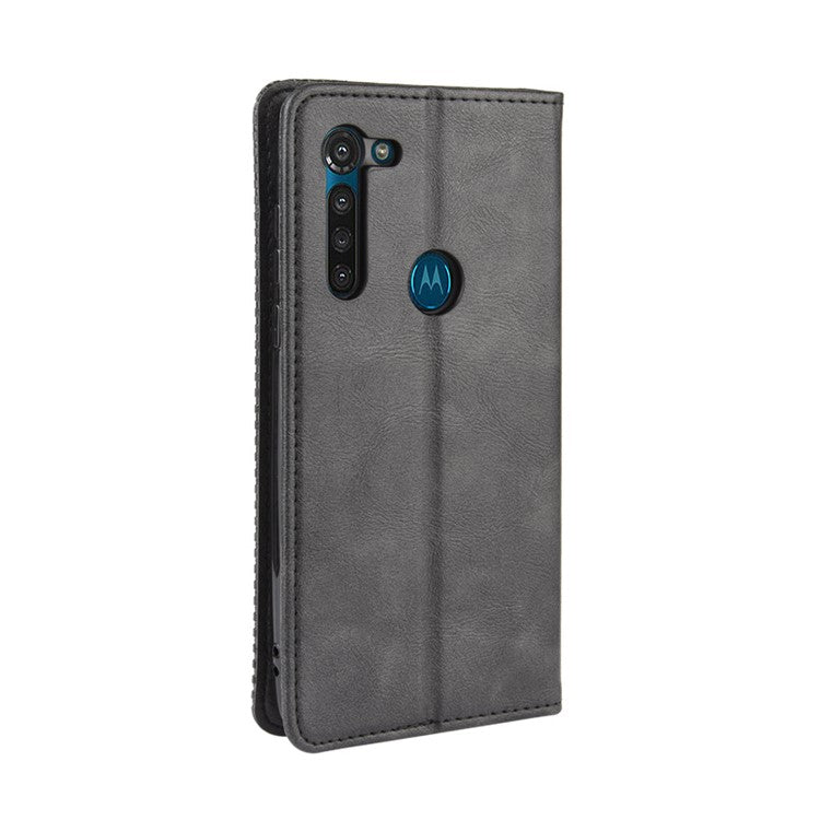 Vintage Style Magnetic Leather Wallet Phone Case for Motorola Moto G8 Power - Black