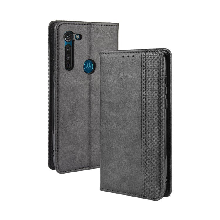 Vintage Style Magnetic Leather Wallet Phone Case for Motorola Moto G8 Power - Black
