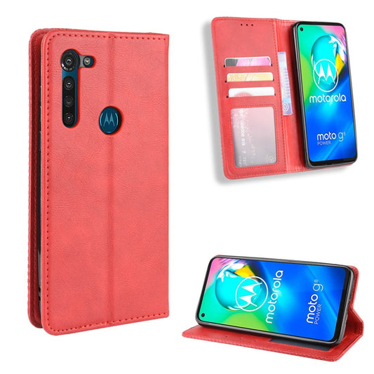 Vintage Style Magnetic Leather Wallet Phone Case for Motorola Moto G8 Power - Red
