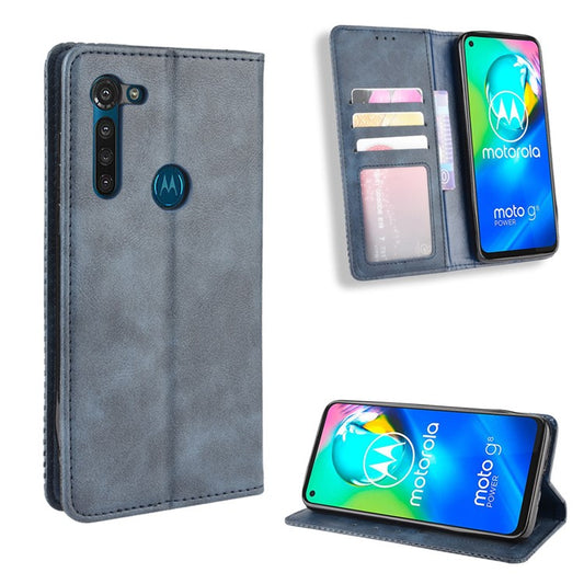 Vintage Style Magnetic Leather Wallet Phone Case for Motorola Moto G8 Power - Blue