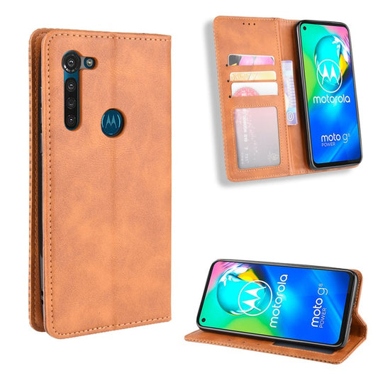 Vintage Style Magnetic Leather Wallet Phone Case for Motorola Moto G8 Power - Brown