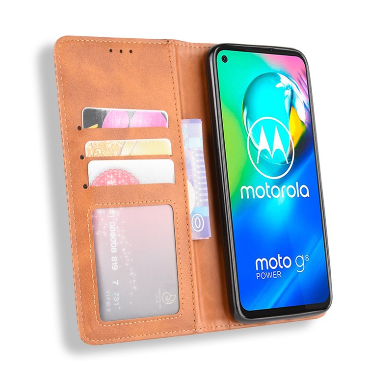 Vintage Style Magnetic Leather Wallet Phone Case for Motorola Moto G8 Power - Brown