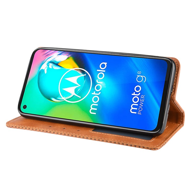 Vintage Style Magnetic Leather Wallet Phone Case for Motorola Moto G8 Power - Brown