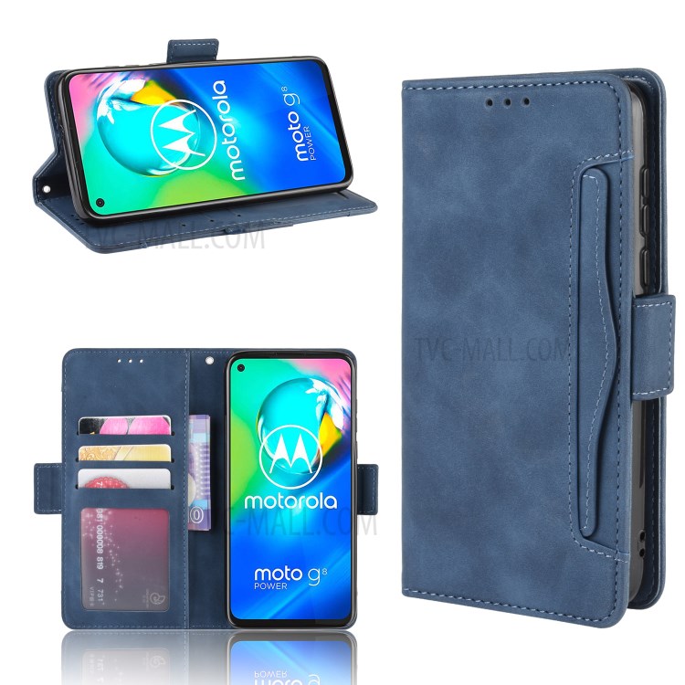 Wallet Stand Flip Leather Phone Cover with Multiple Card Slots for Motorola Moto G8 - Blue