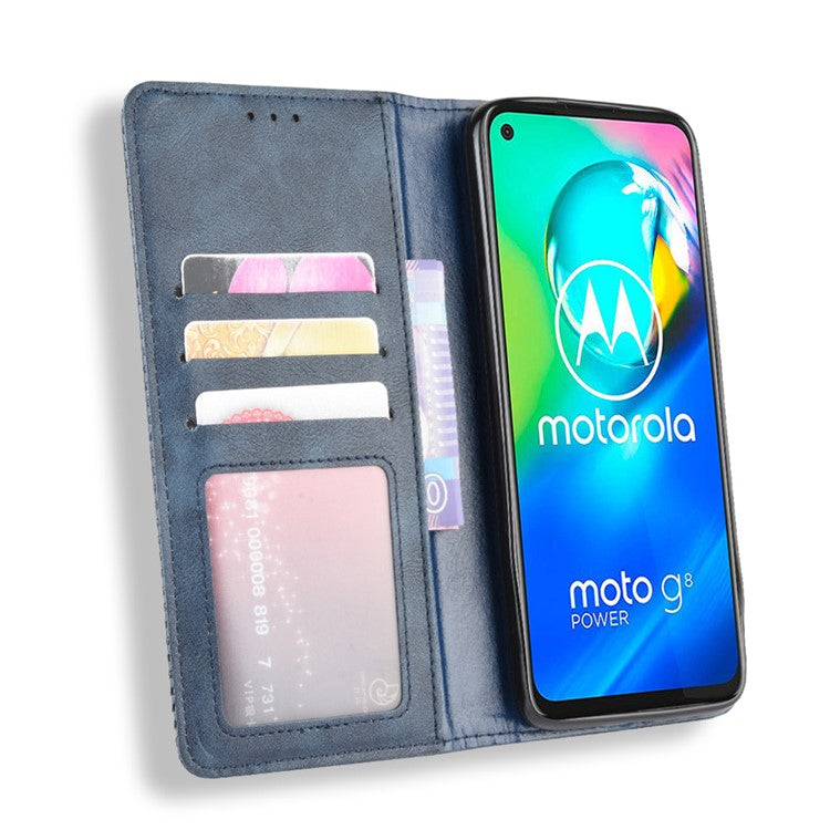 Retro Magnetic Leather Wallet Phone Cover for Motorola Moto G8 - Blue