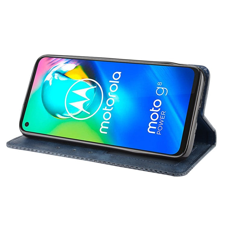 Retro Magnetic Leather Wallet Phone Cover for Motorola Moto G8 - Blue