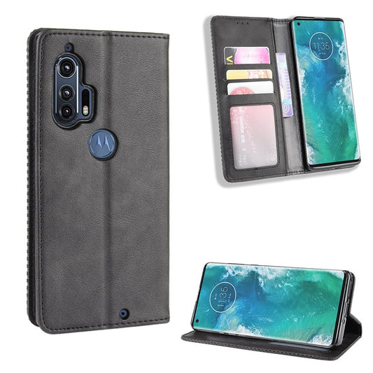 Retro Magnetic Leather Wallet Phone Cover for Motorola Edge Plus - Black