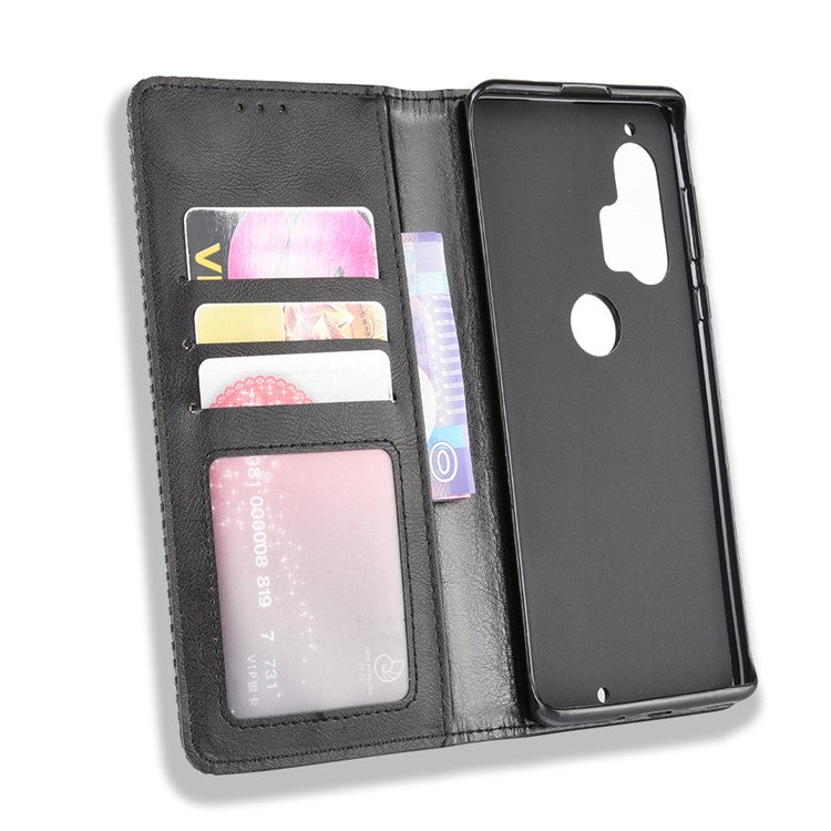 Retro Magnetic Leather Wallet Phone Cover for Motorola Edge Plus - Black
