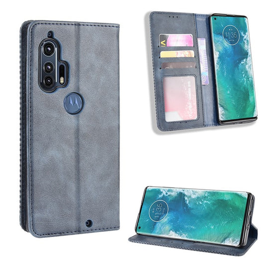 Retro Magnetic Leather Wallet Phone Cover for Motorola Edge Plus - Blue