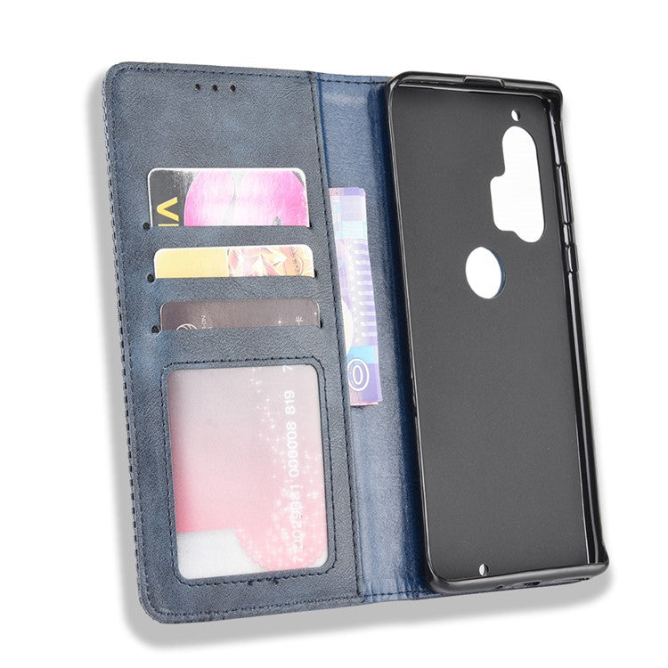 Retro Magnetic Leather Wallet Phone Cover for Motorola Edge Plus - Blue