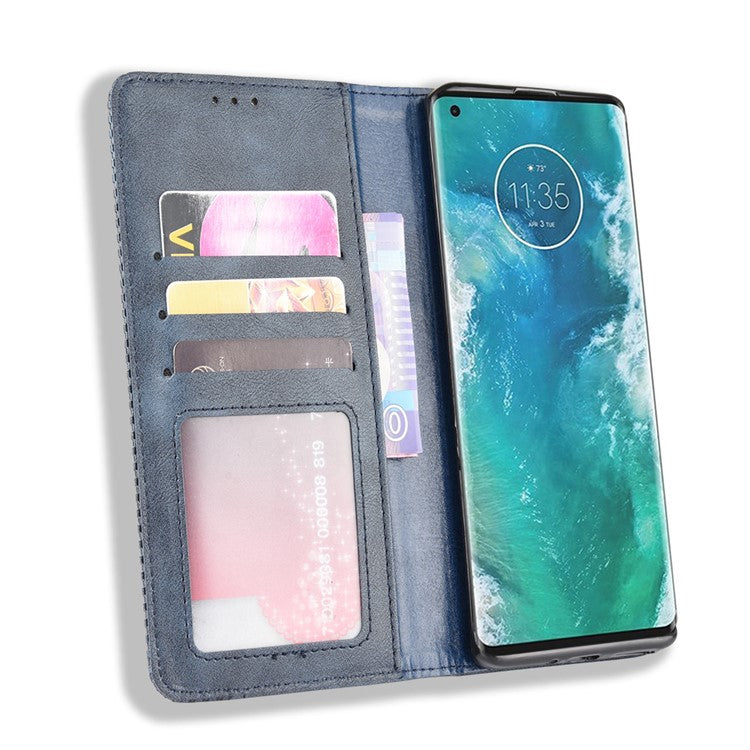 Retro Magnetic Leather Wallet Phone Cover for Motorola Edge Plus - Blue