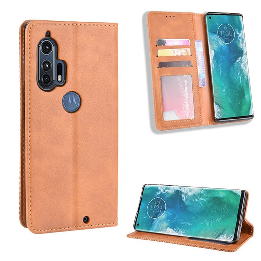 Retro Magnetic Leather Wallet Phone Cover for Motorola Edge Plus - Brown