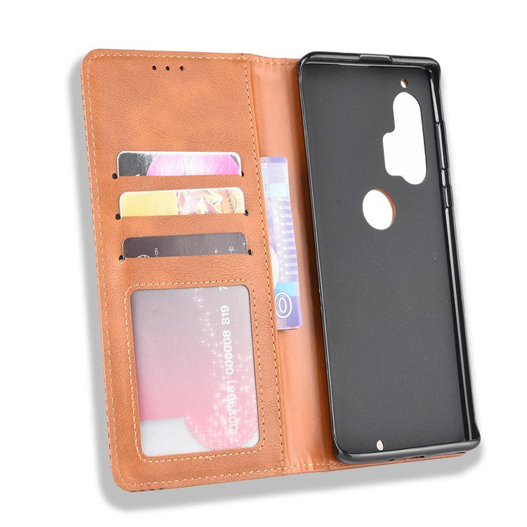 Retro Magnetic Leather Wallet Phone Cover for Motorola Edge Plus - Brown