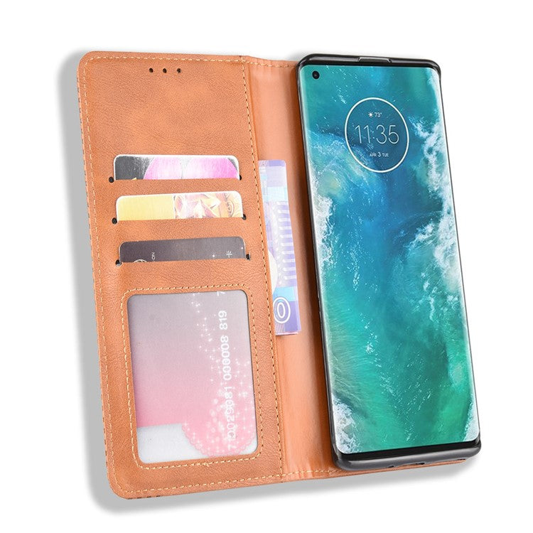 Retro Magnetic Leather Wallet Phone Cover for Motorola Edge Plus - Brown