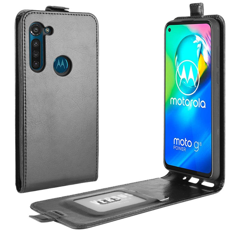 Vertical Flip Crazy Horse Leather with Card Holder Shell for Motorola Moto G8 Power - Black