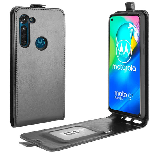 Vertical Flip Crazy Horse Leather with Card Holder Shell for Motorola Moto G8 Power - Black