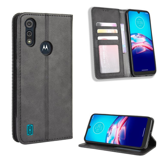 Vintage Style Leather Wallet Stand Phone Shell for Motorola Moto Moto E6i / E6s (2020) - Black