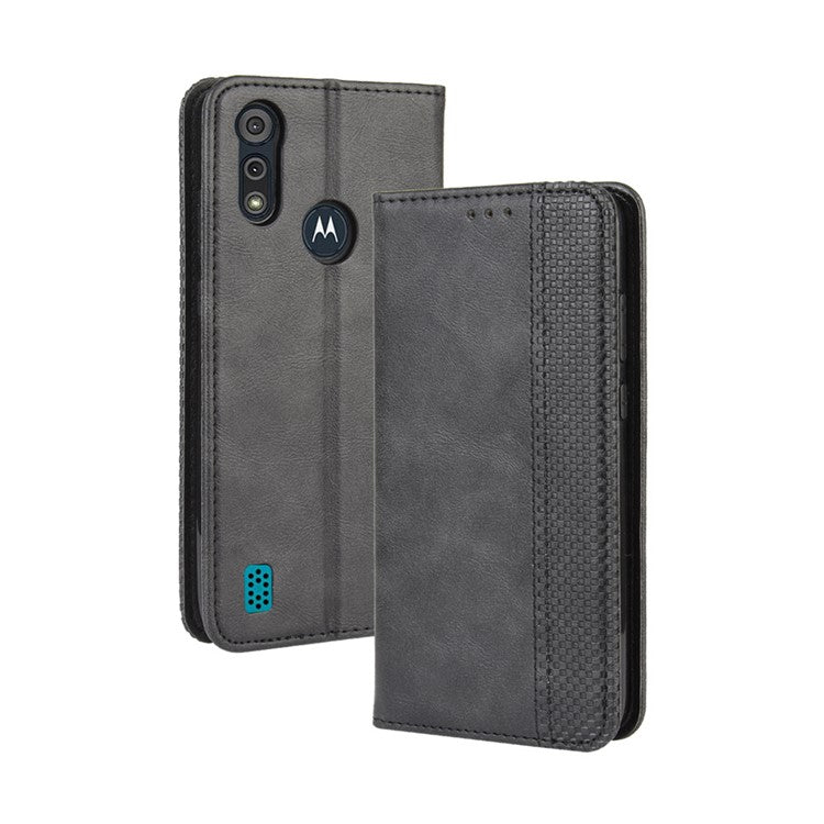 Vintage Style Leather Wallet Stand Phone Shell for Motorola Moto Moto E6i / E6s (2020) - Black