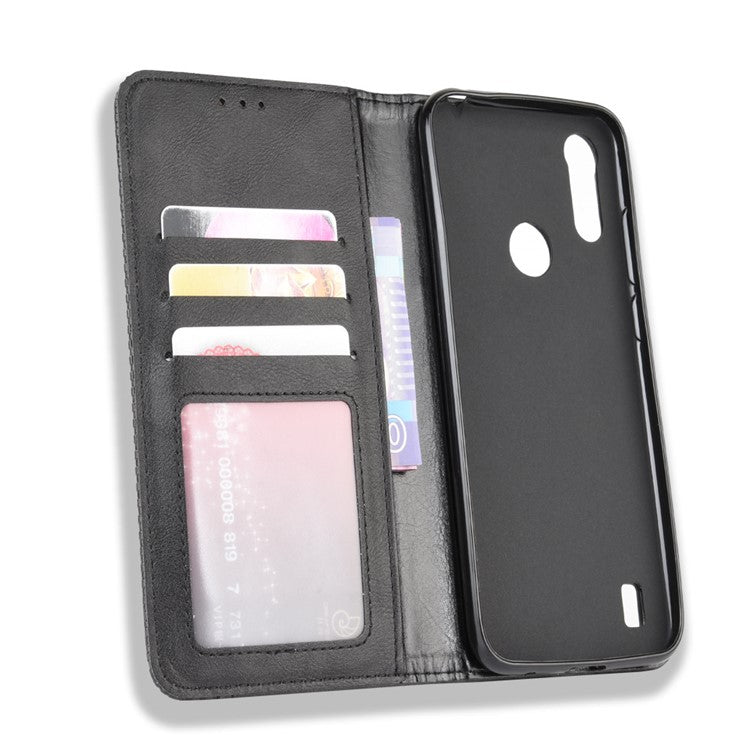 Vintage Style Leather Wallet Stand Phone Shell for Motorola Moto Moto E6i / E6s (2020) - Black