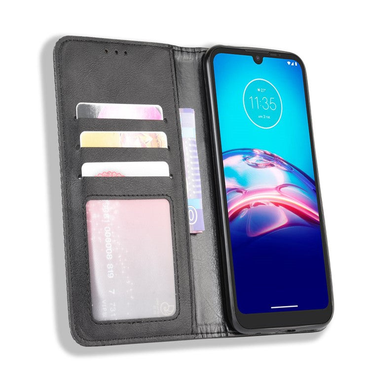 Vintage Style Leather Wallet Stand Phone Shell for Motorola Moto Moto E6i / E6s (2020) - Black