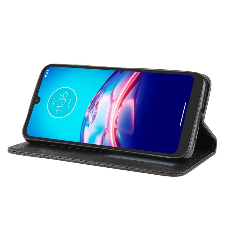 Vintage Style Leather Wallet Stand Phone Shell for Motorola Moto Moto E6i / E6s (2020) - Black