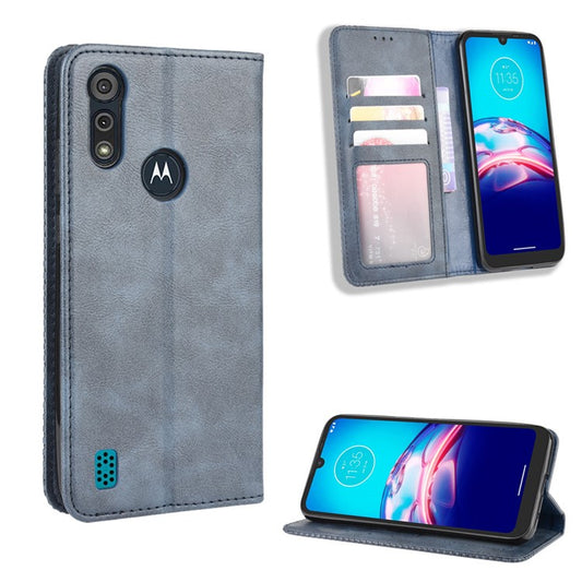 Vintage Style Leather Wallet Stand Phone Shell for Motorola Moto Moto E6i / E6s (2020) - Dark Blue