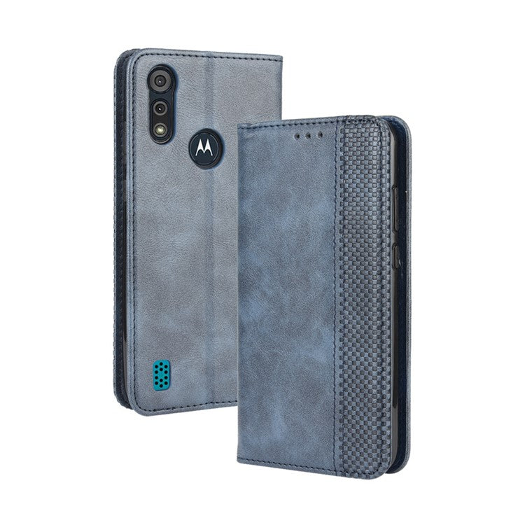 Vintage Style Leather Wallet Stand Phone Shell for Motorola Moto Moto E6i / E6s (2020) - Dark Blue