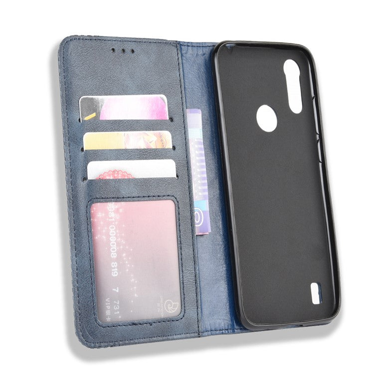 Vintage Style Leather Wallet Stand Phone Shell for Motorola Moto Moto E6i / E6s (2020) - Dark Blue