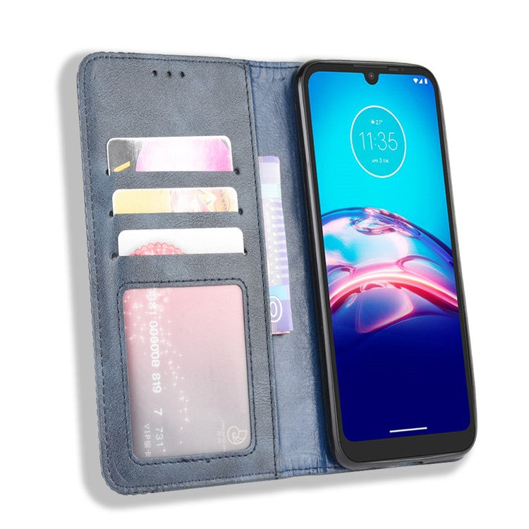 Vintage Style Leather Wallet Stand Phone Shell for Motorola Moto Moto E6i / E6s (2020) - Dark Blue