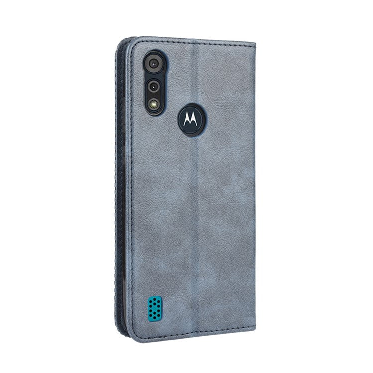 Vintage Style Leather Wallet Stand Phone Shell for Motorola Moto Moto E6i / E6s (2020) - Dark Blue