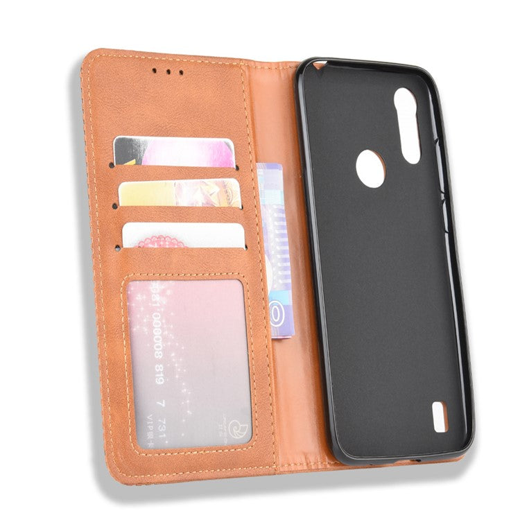 Vintage Style Leather Wallet Stand Phone Shell for Motorola Moto Moto E6i / E6s (2020) - Brown