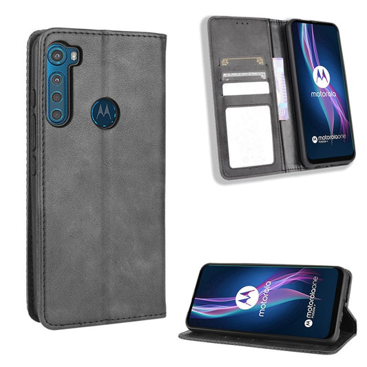 Auto-absorbed Retro Leather Wallet Protective Case for Motorola Moto One Fusion Plus - Black