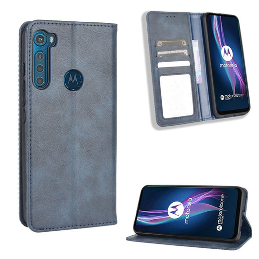 Auto-absorbed Retro Leather Wallet Protective Case for Motorola Moto One Fusion Plus - Blue
