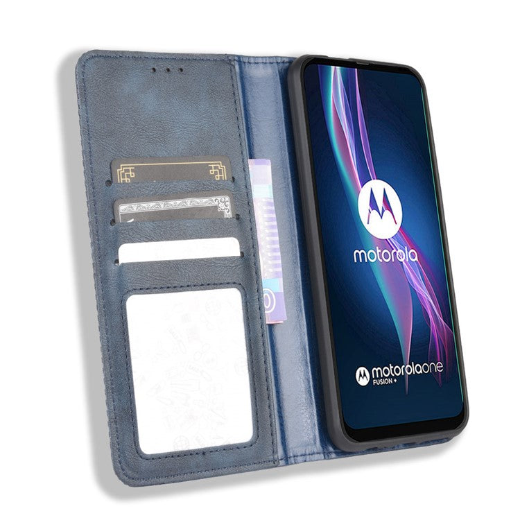 Auto-absorbed Retro Leather Wallet Protective Case for Motorola Moto One Fusion Plus - Blue