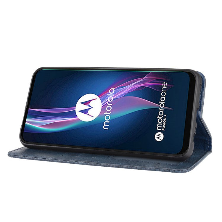Auto-absorbed Retro Leather Wallet Protective Case for Motorola Moto One Fusion Plus - Blue