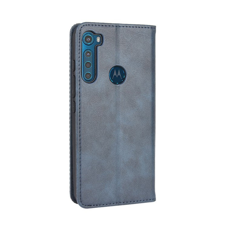 Auto-absorbed Retro Leather Wallet Protective Case for Motorola Moto One Fusion Plus - Blue