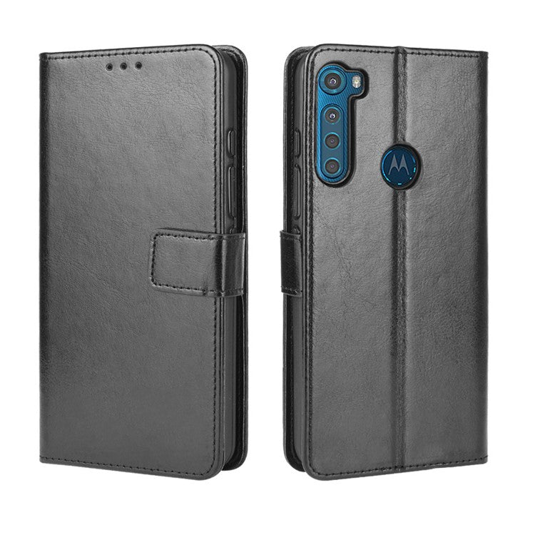 Crazy Horse Wallet Stand Leather Case Accessory for Motorola Moto One Fusion Plus - Black