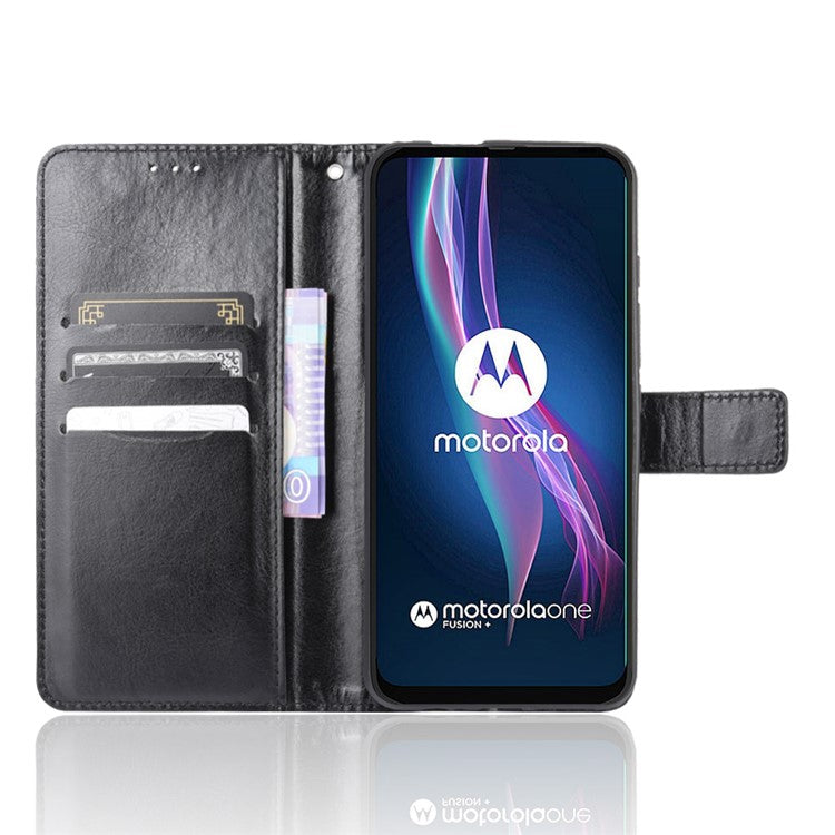 Crazy Horse Wallet Stand Leather Case Accessory for Motorola Moto One Fusion Plus - Black