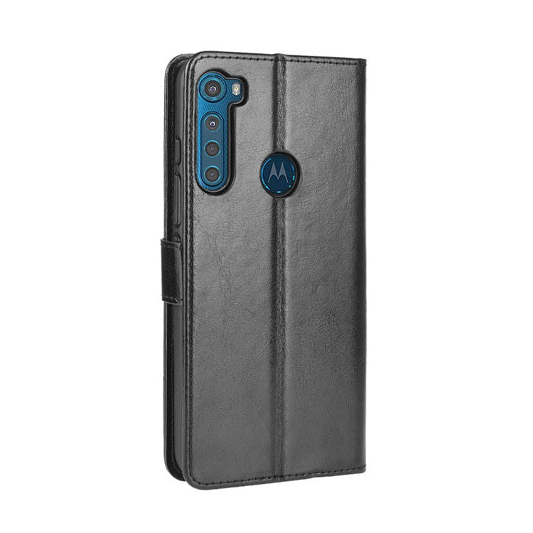Crazy Horse Wallet Stand Leather Case Accessory for Motorola Moto One Fusion Plus - Black