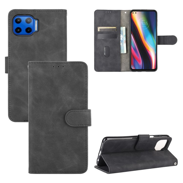 Skin-touch Wallet Stand Leather Flip Cover for Motorola Moto G 5G Plus - Black