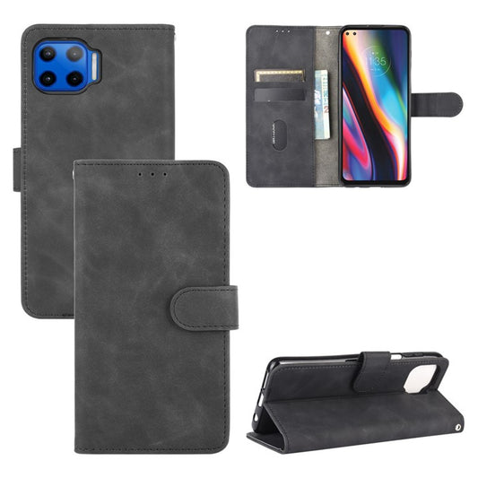 Skin-touch Wallet Stand Leather Flip Cover for Motorola Moto G 5G Plus - Black