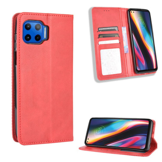 Vintage Style Leather Wallet Stand Case for Motorola Moto G 5G Plus - Red