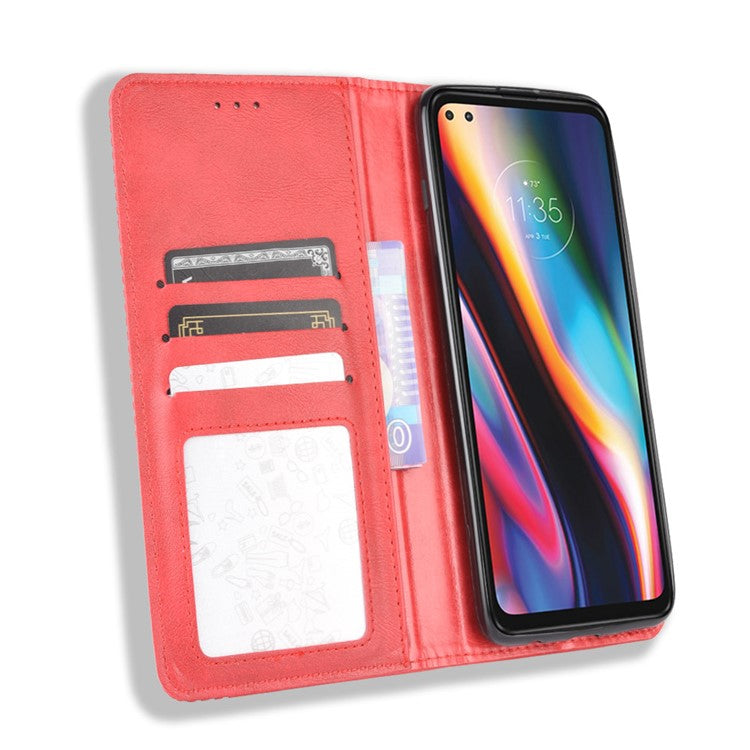 Vintage Style Leather Wallet Stand Case for Motorola Moto G 5G Plus - Red