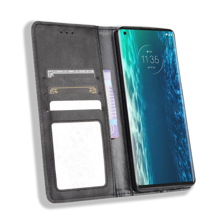 Vintage Style Leather Wallet Stand Case for Motorola Edge - Black