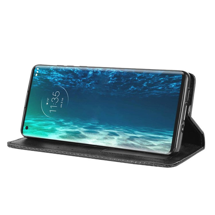 Vintage Style Leather Wallet Stand Case for Motorola Edge - Black