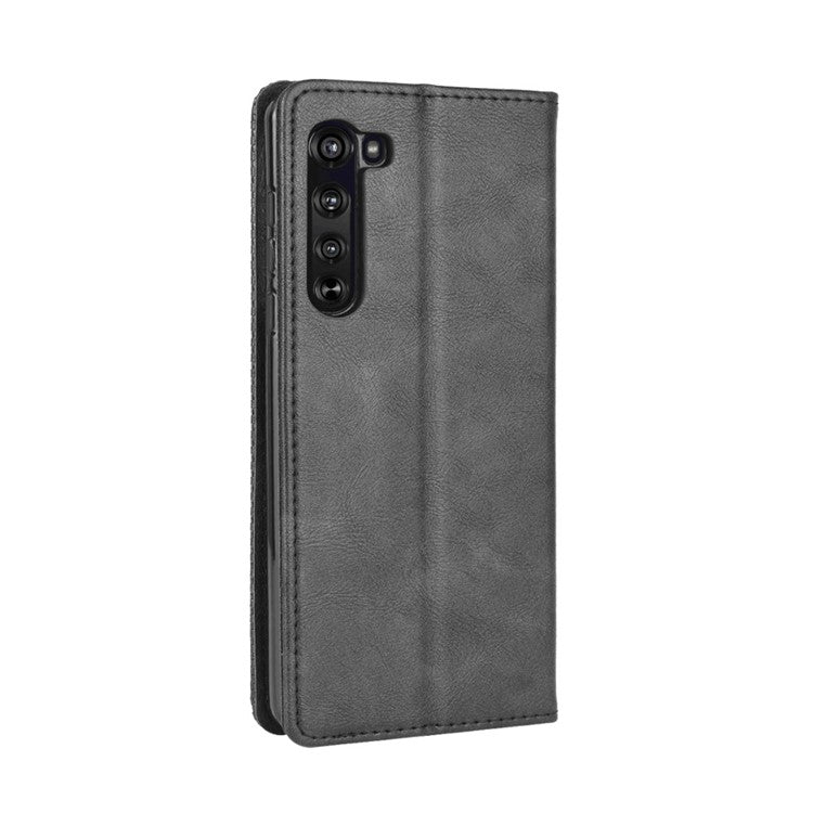 Vintage Style Leather Wallet Stand Case for Motorola Edge - Black