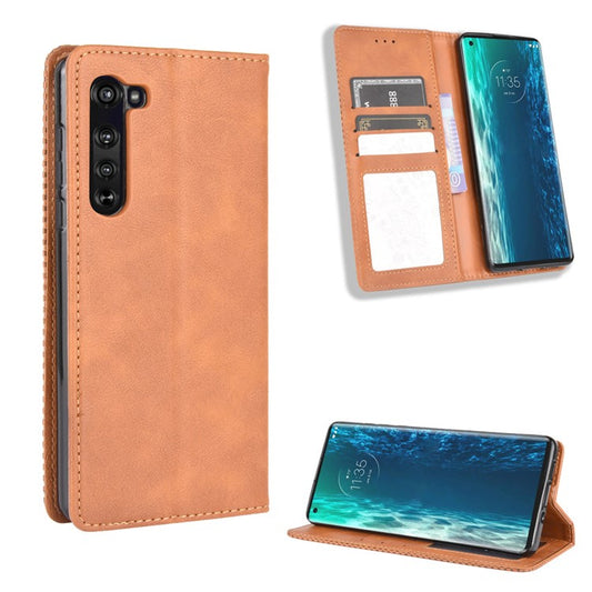 Vintage Style Leather Wallet Stand Case for Motorola Edge - Brown