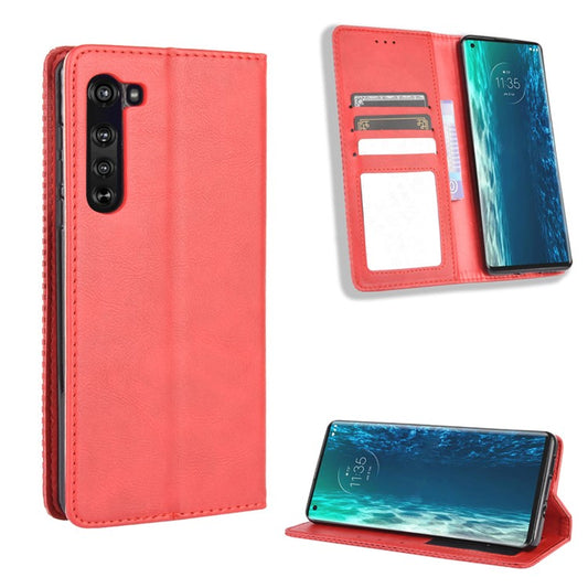 Vintage Style Leather Wallet Stand Case for Motorola Edge - Red