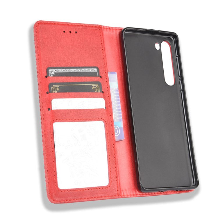 Vintage Style Leather Wallet Stand Case for Motorola Edge - Red