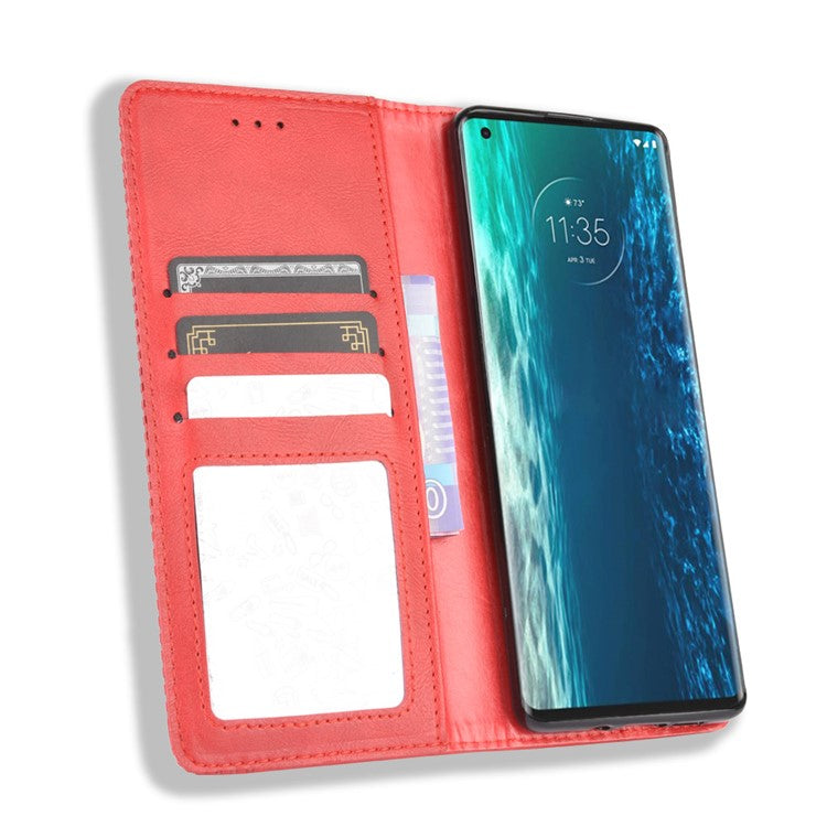 Vintage Style Leather Wallet Stand Case for Motorola Edge - Red
